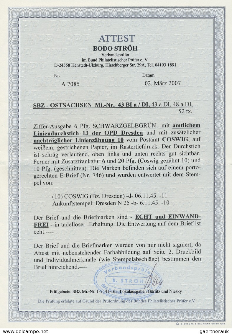Br Sowjetische Zone - Ost-Sachsen: 1945, 6 Pfg. Ziffer Schwarzgelbgrün Mit Amtlichem Liniendurchstich 1 - Autres & Non Classés
