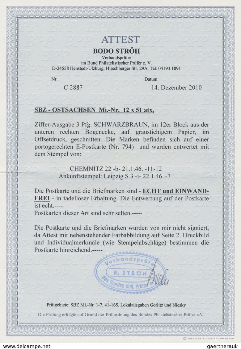 Br Sowjetische Zone - Ost-Sachsen: 1945, 3 Pf Schwarzbraun, 12er-Block Aus Der Rechten Unteren Bogeneck - Autres & Non Classés