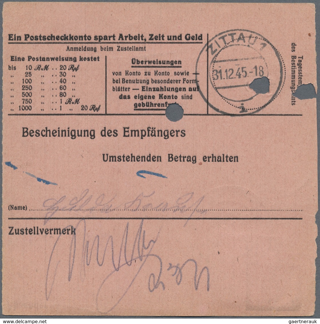 Br Sowjetische Zone - Ost-Sachsen: 1945, 20 Pf Blau, Portogerechte EF Auf Postanweisung über 10 Mark Vo - Altri & Non Classificati