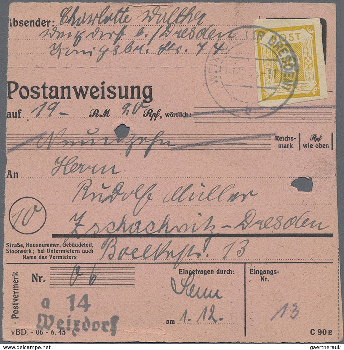 Br Sowjetische Zone - Ost-Sachsen: 1945, 30 Pf Braungelb, EF Auf Postanweisung über 19,20 Mark Von WEIX - Sonstige & Ohne Zuordnung