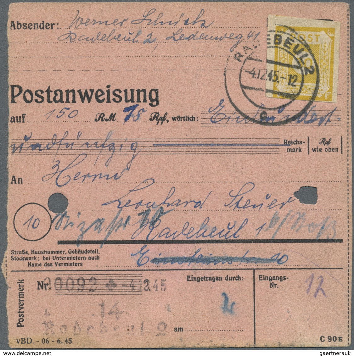 Br Sowjetische Zone - Ost-Sachsen: 1945, 2 X 30 Pf Braungelb, MeF Auf Postanweisung über 150,78 RM Im O - Altri & Non Classificati