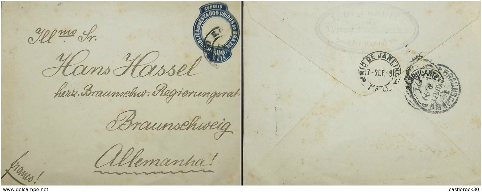 O) 1899 BRAZIL-REPUBLIC OF THE UNITED STATES OF BRAZIL, POSTAL STATIONERY 300 REIS BLUE-STATIONARY, AMBULANTE BRAUNSCHWE - Postwaardestukken