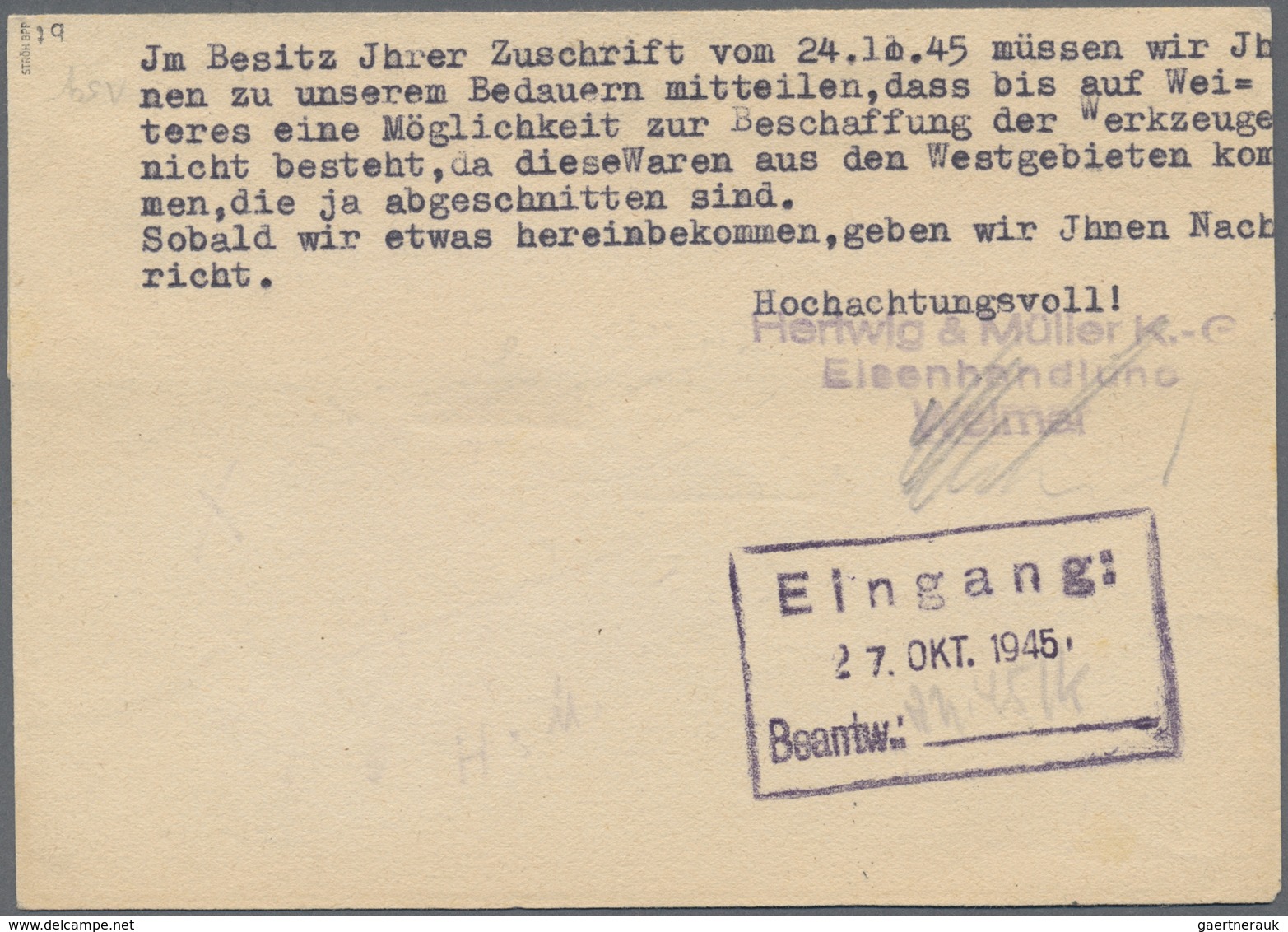 Br Sowjetische Zone - Thüringen: Bedarfskarte Aus Weimar Vom 26.10 45 Mit 5 Pf  94 AX Bt Als Ortskarte. - Sonstige & Ohne Zuordnung