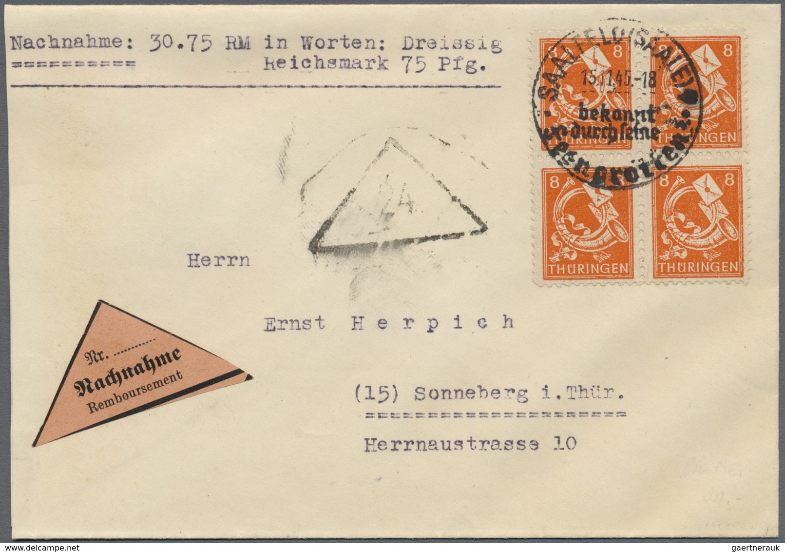 Br Sowjetische Zone - Thüringen: 1945, 8 Pf Rotorange, Viererblock Als Portogerechte MeF Auf Nachnahmeb - Altri & Non Classificati