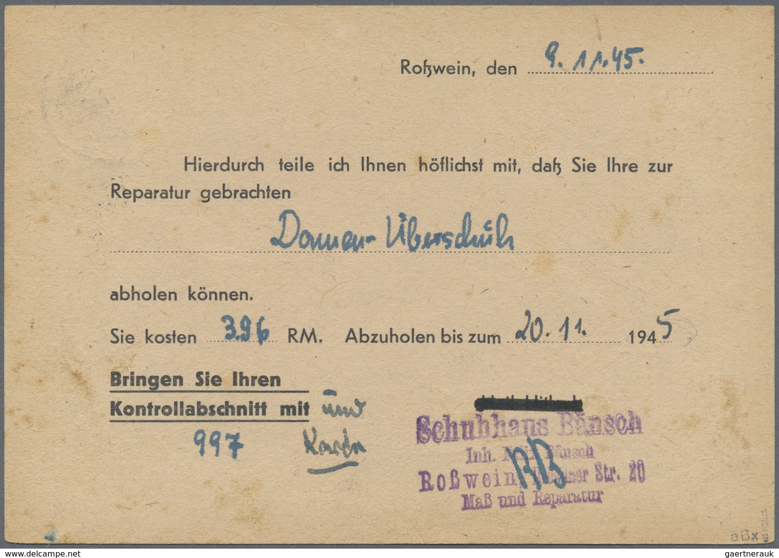 Br Sowjetische Zone - West-Sachsen: Bedarfskarte  Mit 117 B Xa Von Roßwein, Sehr Selten. Karte Fleckig. - Autres & Non Classés