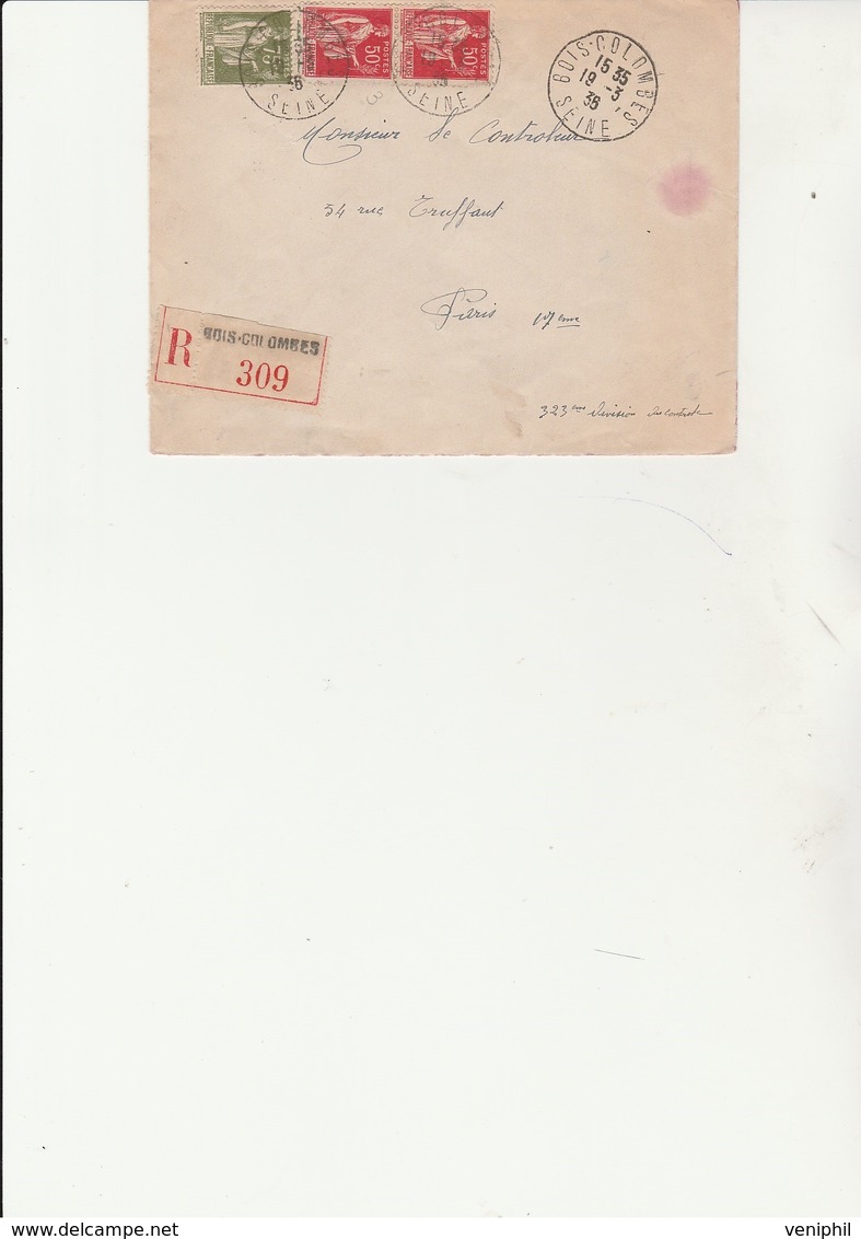 LETTRE RECOMMANDEE AFFRANCHIE TYPE PAIX N° 283 ET 284 A OBLITEREE CAD BOIS-COLOMBES -SEINE 1936 - Handstempel