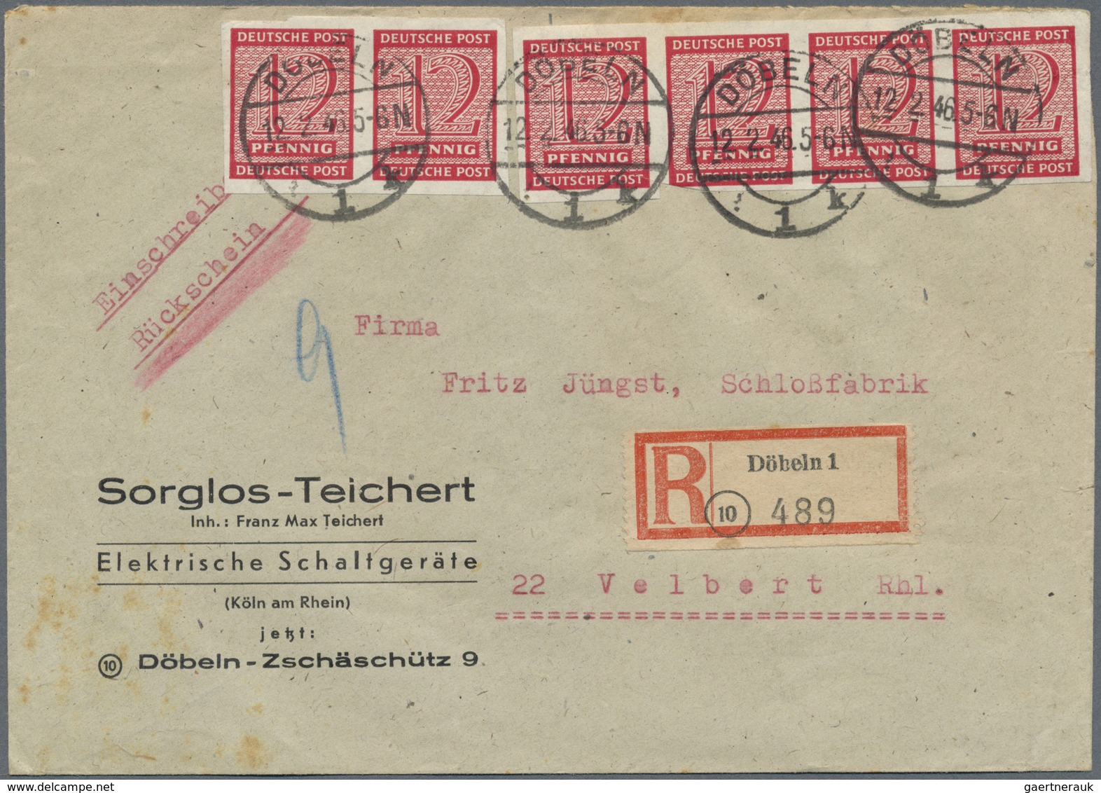 Br Sowjetische Zone - West-Sachsen: 1945, 12 Pf Karminrot, 6 Stück Als Portogerechte MeF Auf Einschreib - Sonstige & Ohne Zuordnung