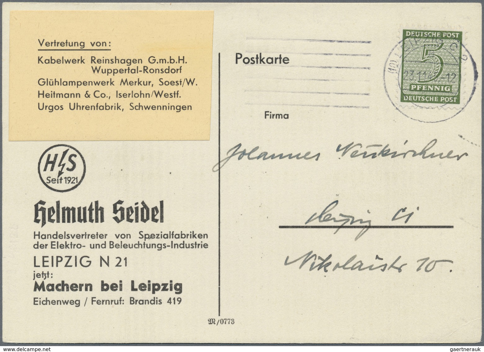 Br Sowjetische Zone - West-Sachsen: 1945, 5 Pf Schwärzlicholivgrün, Amtl. Versuchszähnung L 10¾, Portog - Altri & Non Classificati