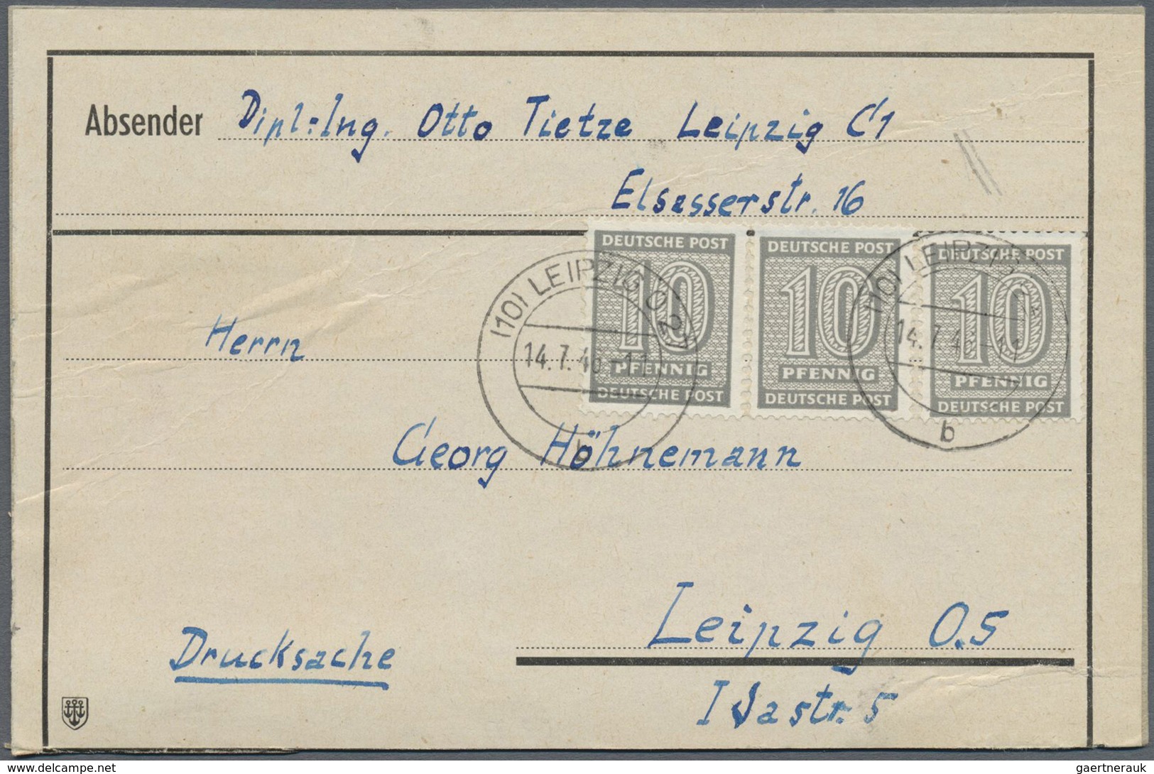 Br Sowjetische Zone - West-Sachsen: 1945, 3 X 10 Pf Grau, Portogerechte MeF Auf Kompl. Adressteil Einer - Altri & Non Classificati