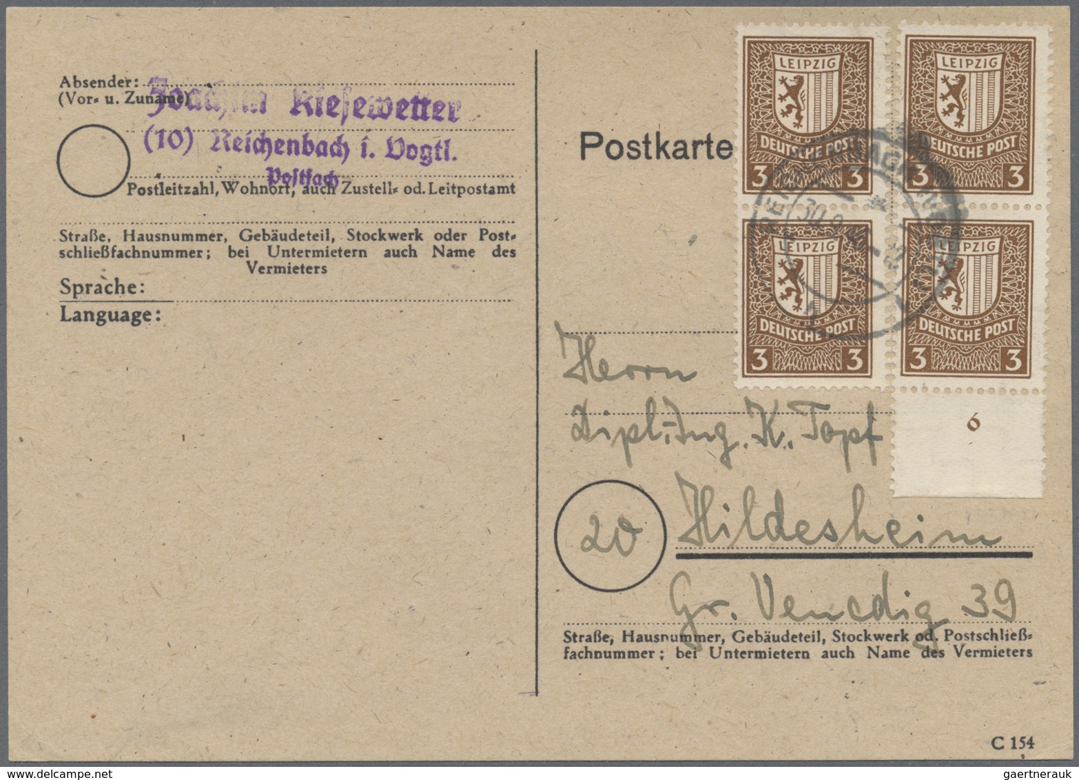 Br Sowjetische Zone - West-Sachsen: 1946, 4 X 3 Pf Dkl'gelbbraun Als Portogerechte MeF Auf Postkarte Vo - Autres & Non Classés