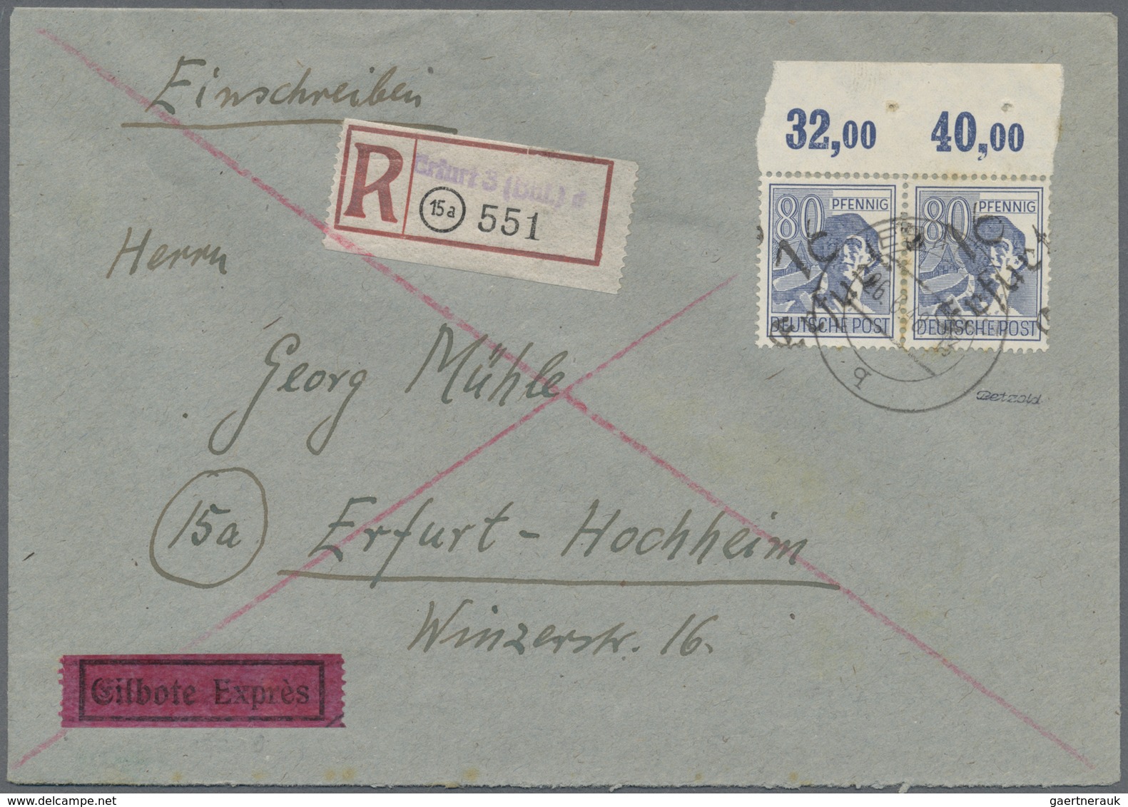 Br Sowjetische Zone - Bezirkshandstempel - III - Bez. 16 (Erfurt): 1948, 80 Pf Arbeiter, Oberrand-Paar - Autres & Non Classés