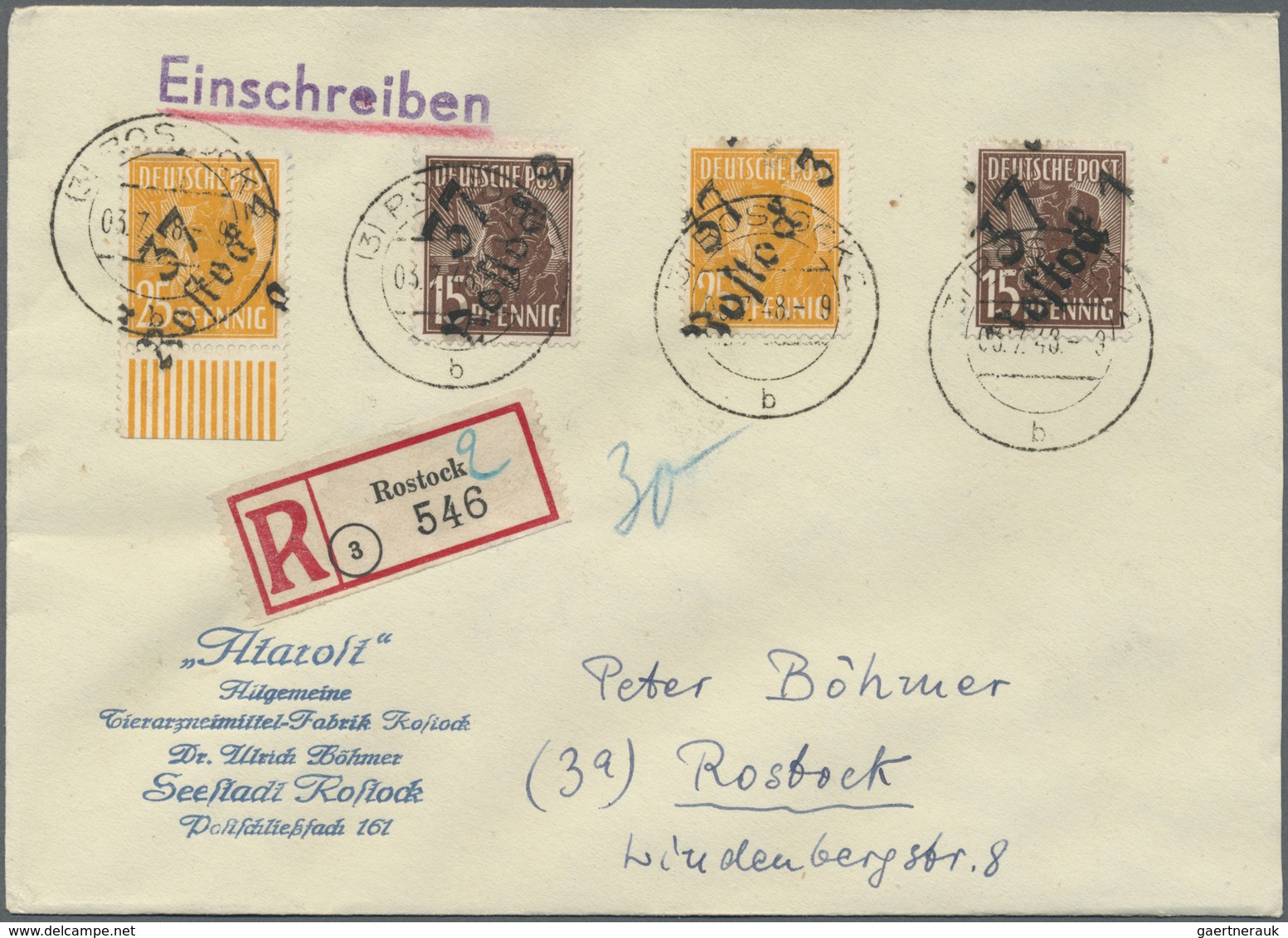 Br Sowjetische Zone - Bezirkshandstempel - VIII - Bez. 37 (Schwerin): 1948, Je 2x 15 Und 25 Pf Mit Hand - Autres & Non Classés