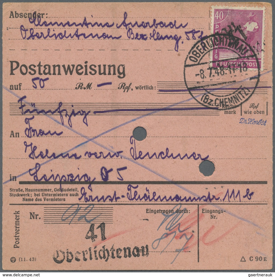 Br Sowjetische Zone - Bezirkshandstempel - X - Bez. 41 (Chemnitz): 1948, 40 Pf Arbeiter Mit Handstempel - Altri & Non Classificati