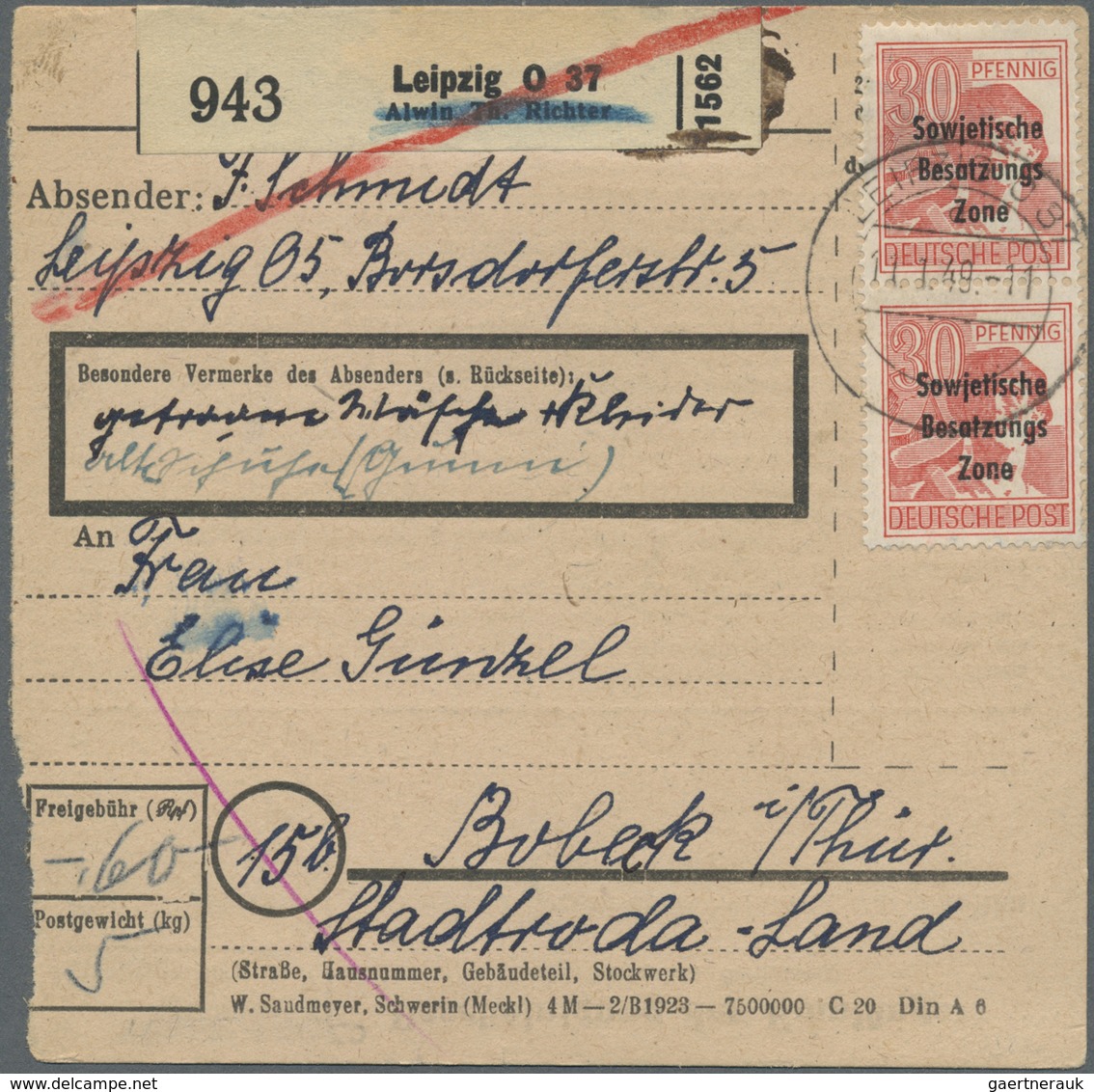 Br Sowjetische Zone - Allgemeine Ausgaben: 1948, 30 Pf Arbeiter Maschinenaufdruck, 3 Versch. Paketkarte - Altri & Non Classificati