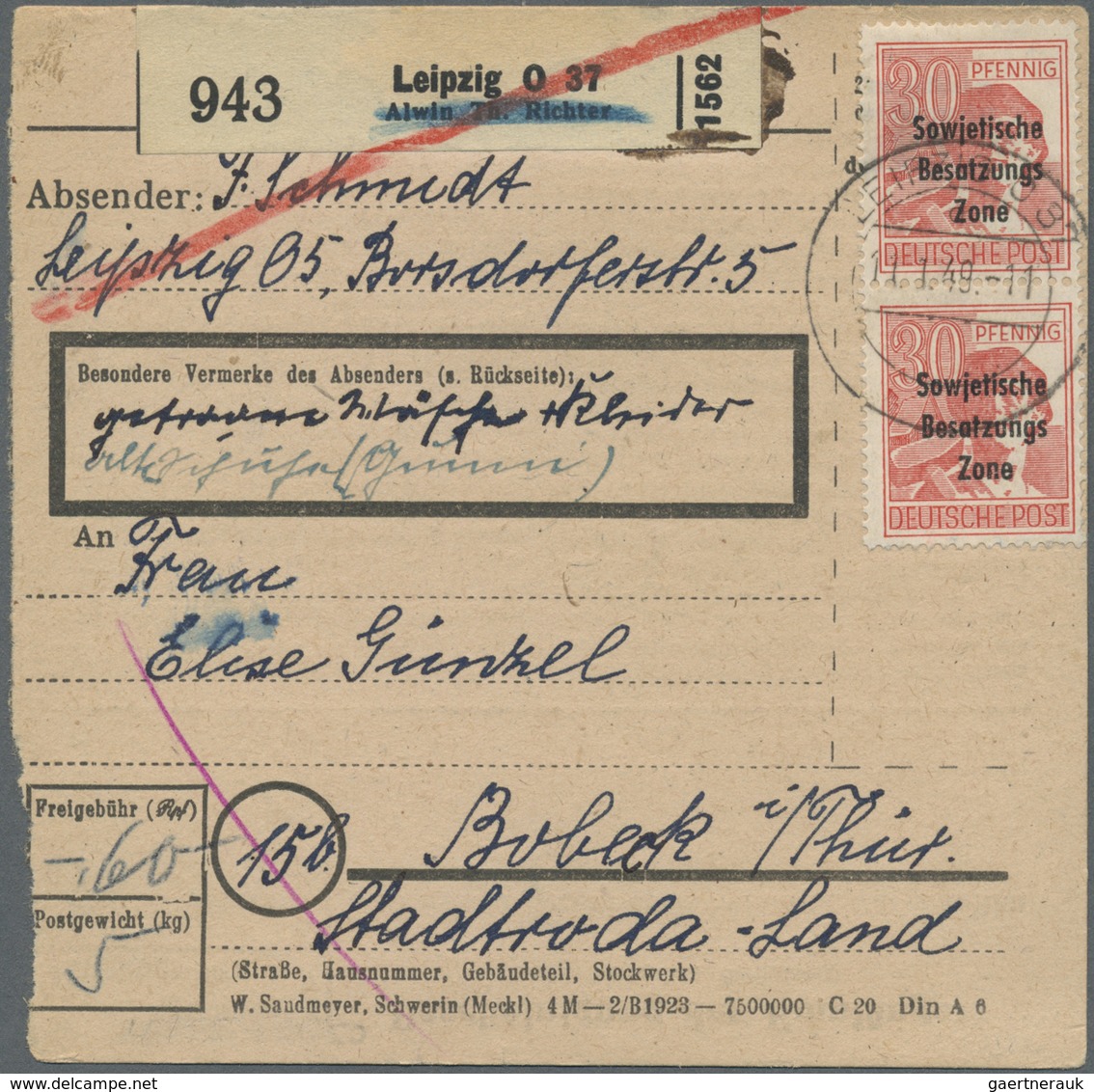 Br Sowjetische Zone - Allgemeine Ausgaben: 1948, 30 Pf Arbeiter Maschinenaufdruck, 3 Versch. Paketkarte - Autres & Non Classés