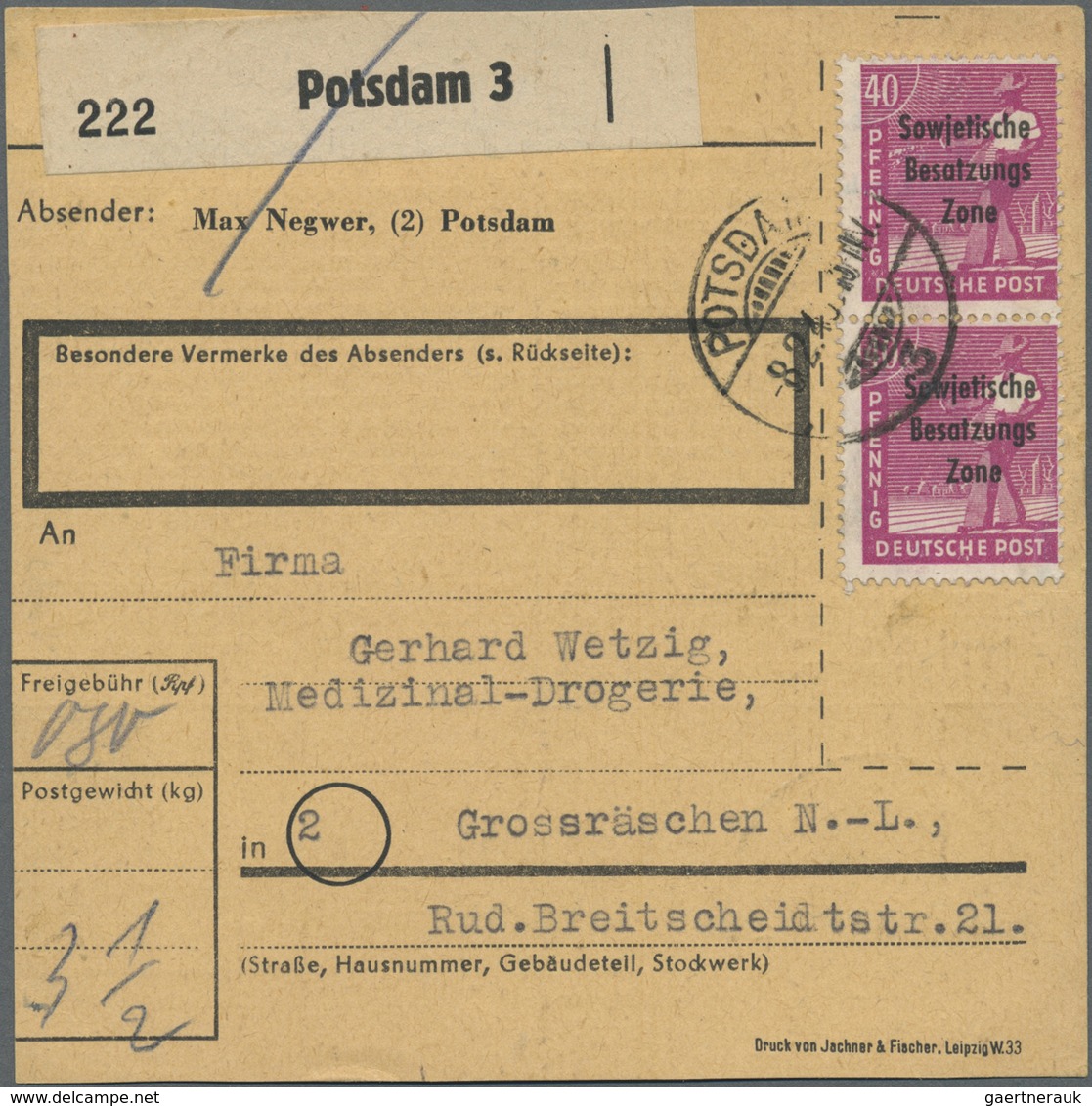 Br Sowjetische Zone - Allgemeine Ausgaben: 1948, 40 Pf Arbeiter Maschinenaufdruck, 3 Versch. Paketkarte - Autres & Non Classés
