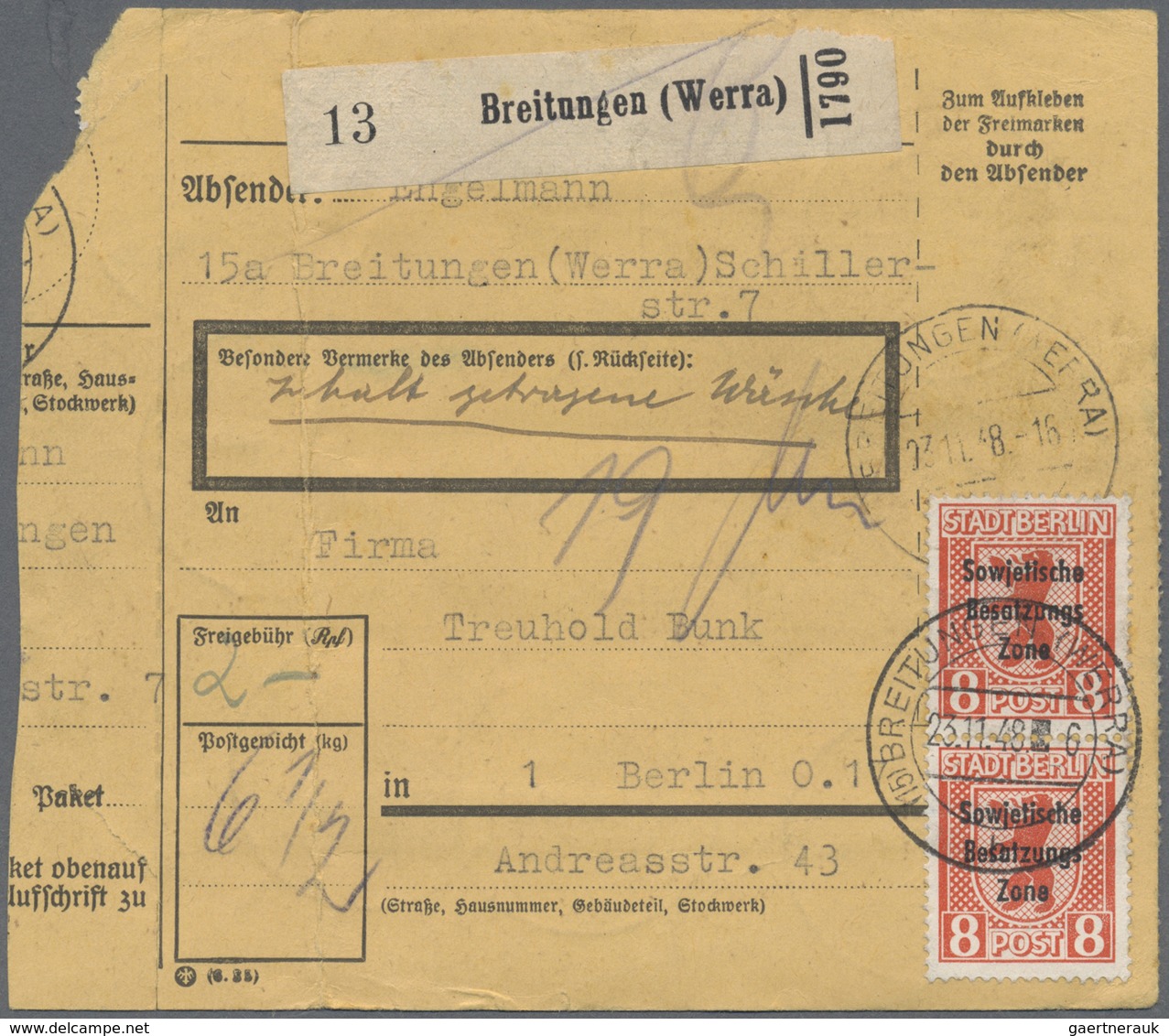 Br Sowjetische Zone - Allgemeine Ausgaben: 1948, 8 Pf Bären Maschinenaufdruck, 25 Stück Als Massen-MeF - Altri & Non Classificati