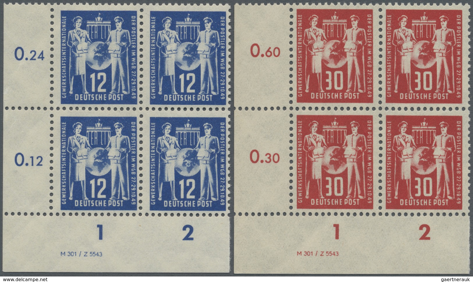 **/ DDR: 1950, Postgewerkschaft 12 Pf, Einmal Im 4er-Block Aus Der L.u. Bogenecke Mit PF IV (dunkler Fle - Altri & Non Classificati