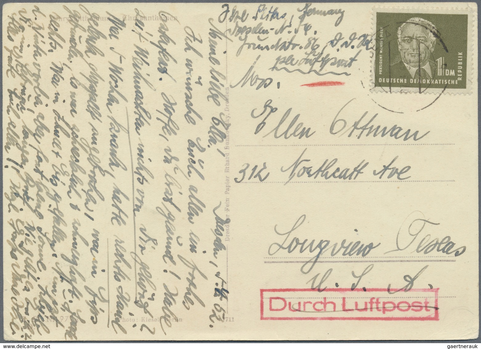 Br DDR: 1950, 1 M Oliv Pieck, Portogerechte EF Auf Übersee-Luftpostkarte Von Dresden A3, 7.4.52, Nach L - Autres & Non Classés