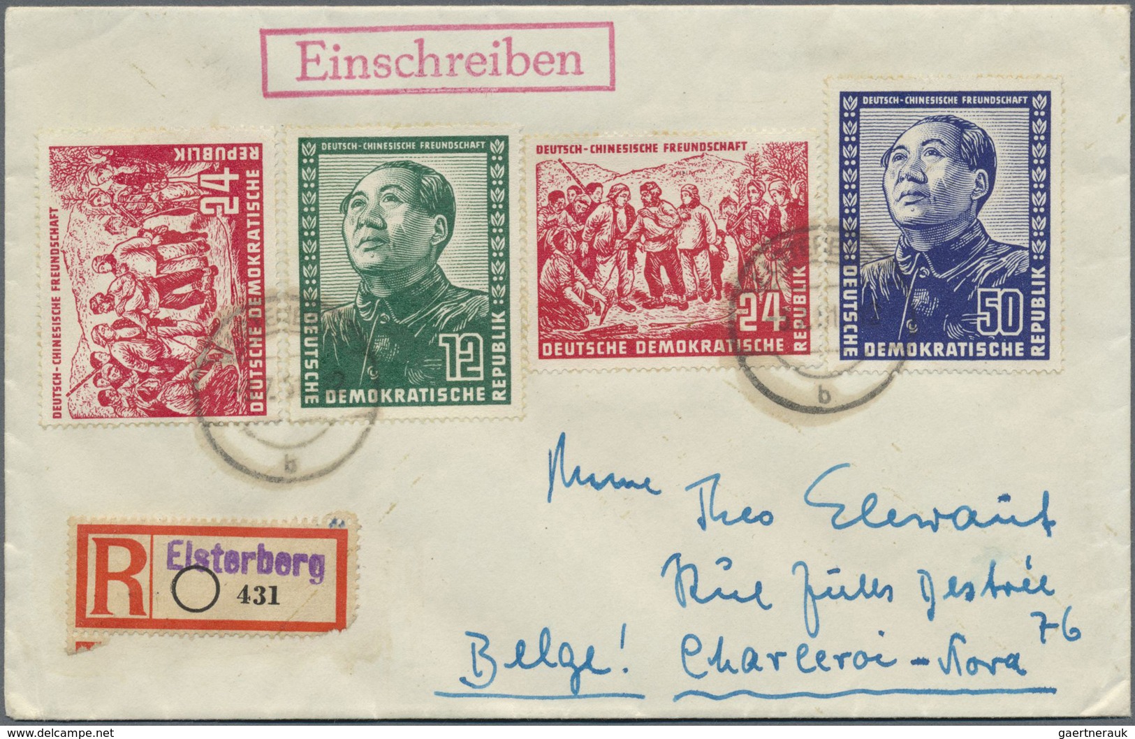 Br DDR: 1951. R-Brief Mit Kpl. Chinesen + Extra 1x 24 Pf Von "Elsterberg" Portorichtig Nach Belgien. - Autres & Non Classés