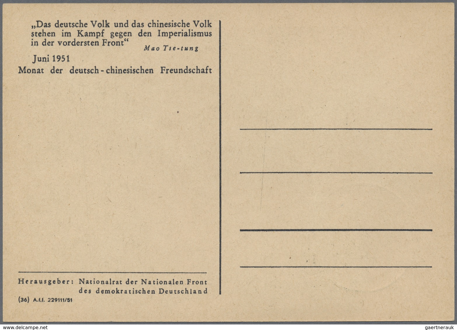 MK DDR: 1951: 12 Pfg. Deutsch-Chinesische Freundschaft Auf Karte Mit Abbildung Mao Tse Tungs. Sonderste - Autres & Non Classés