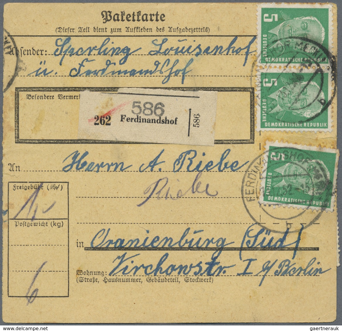 Br DDR: 1952, 5 Pf Pieck, 3 Versch. Paketkarten Mit Massen-Mehrfachfrankaturen, Dabei 18 Stück Auf PK V - Altri & Non Classificati