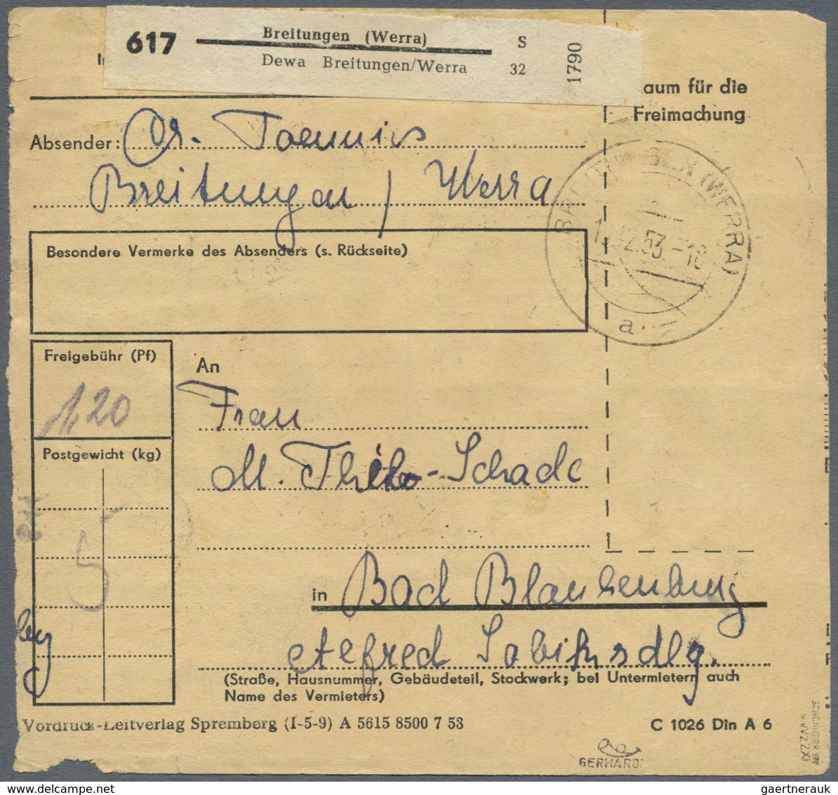 Br DDR: 1952, 6 Pf Dkl'blauviolett Köpfe, 20er-Block Als Portogerechte Massen-MeF Auf Paketkarte Von Br - Altri & Non Classificati