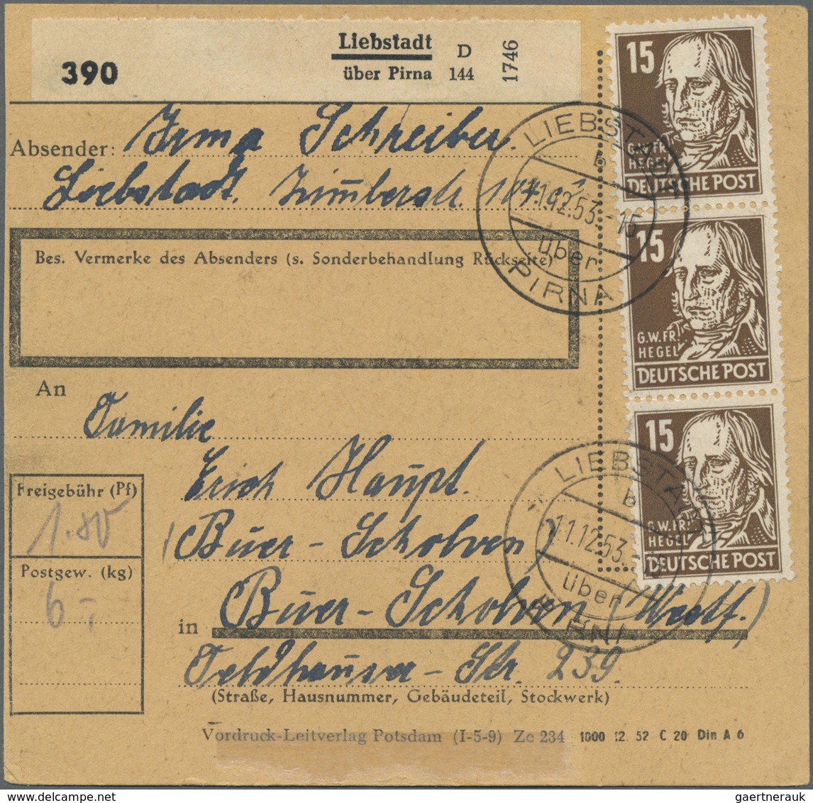 Br DDR: 1953, 15 Pf Köpfe Dkl'braun, 12 Stück Als Portogerechte Massen-MeF Auf Paketkarte Von Liebstadt - Sonstige & Ohne Zuordnung