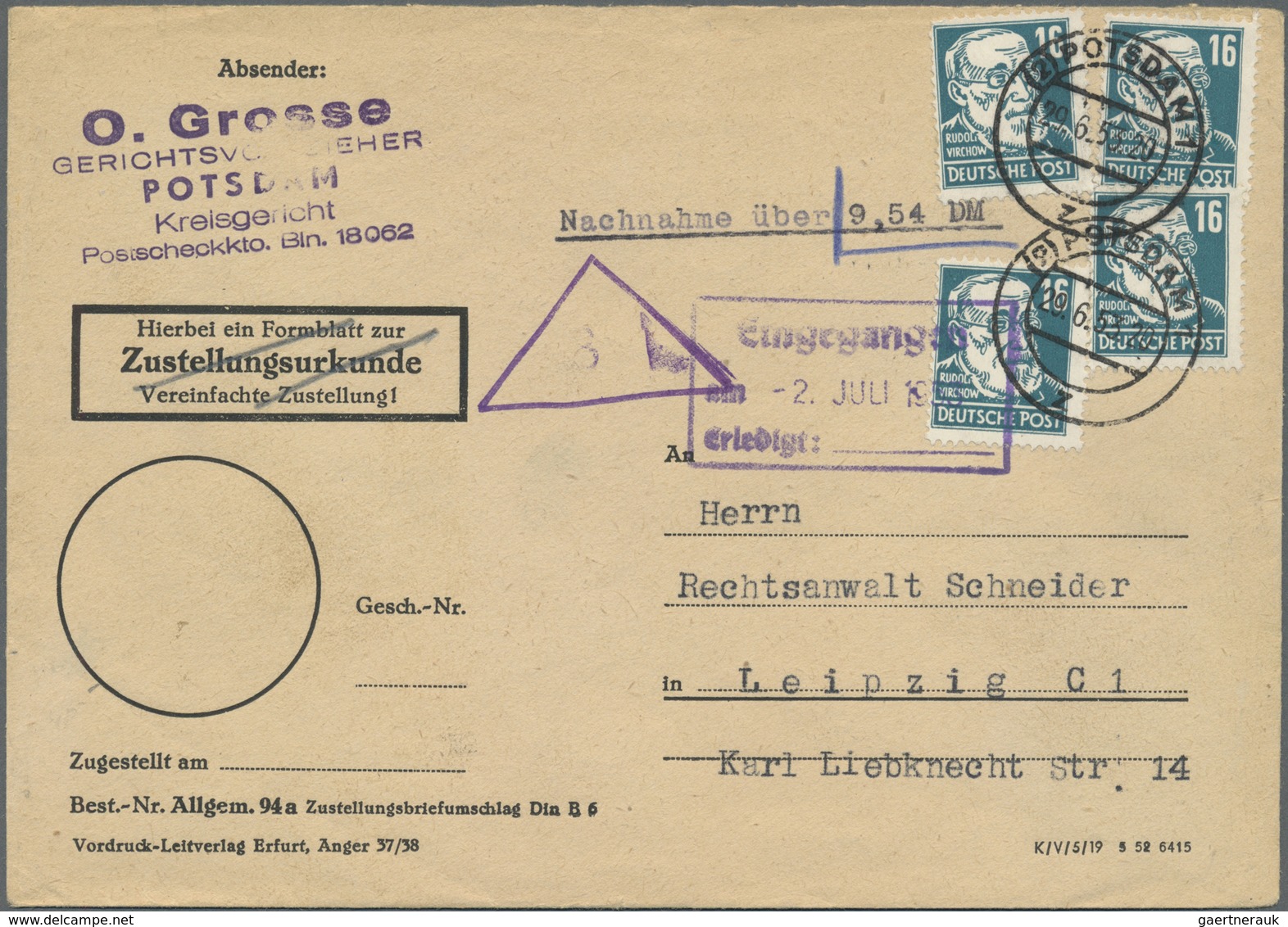 Br DDR: 1952, 16 Pf Blaugrün Köpfe, 4 Stück Als Portogerechte MeF Auf Nachnahmebrief Von Potsdam, 29.6. - Sonstige & Ohne Zuordnung