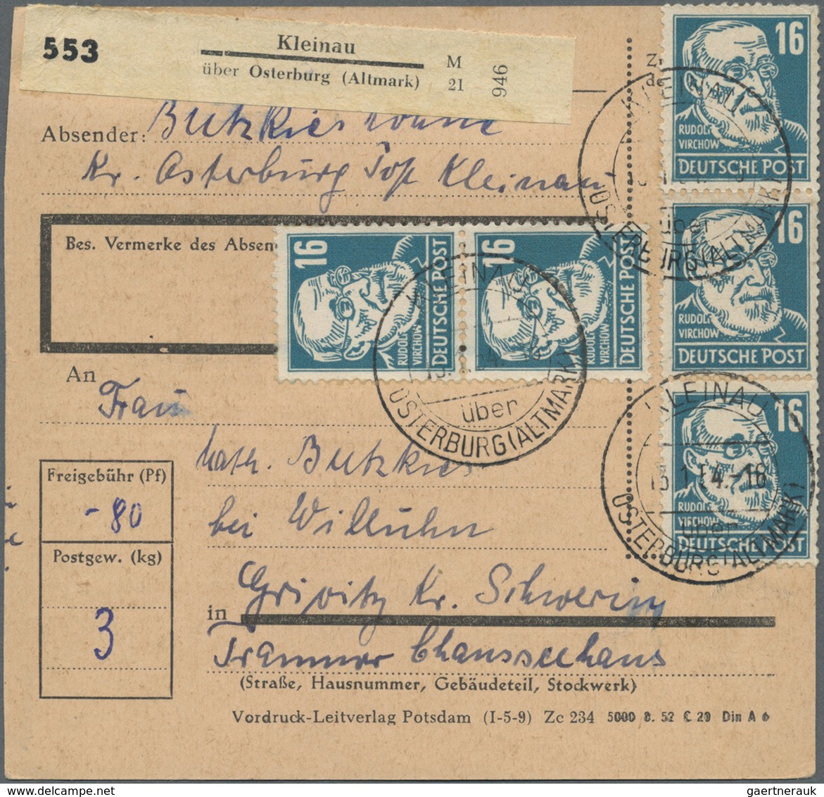 Br DDR: 1952, 16 Pf Blaugrün Köpfe, 5 Stück Als Portogerechte MeF Auf Paketkarte Von Kleinau über Oster - Autres & Non Classés