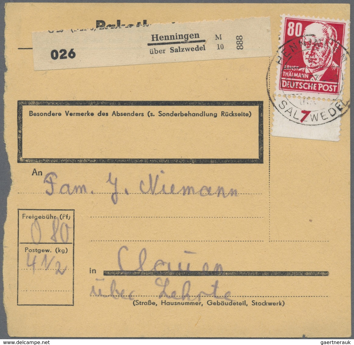 Br DDR: 1953, 80 Pf Dkl'rosarot Köpfe, Partie Mit 3 Paketkarten, Dabei Einzelfrankatur Auf PK Von Henni - Sonstige & Ohne Zuordnung
