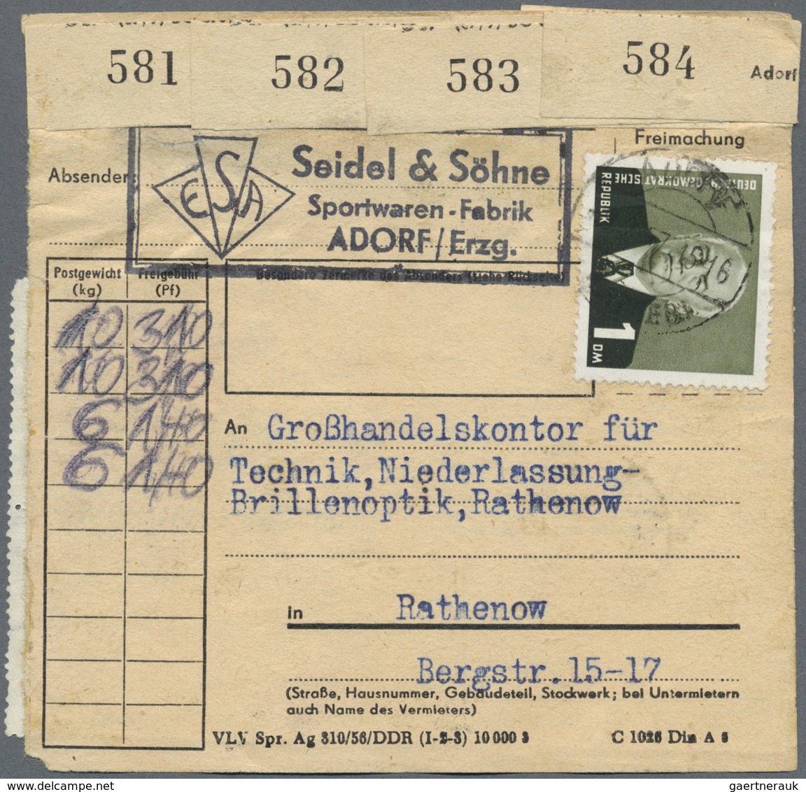 Br DDR: 1953, 1 M Dkl'bräunlicholiv Pieck, 9 Stück Als Portogerechte Massen-MeF Auf Paketkarte Für Vier - Sonstige & Ohne Zuordnung