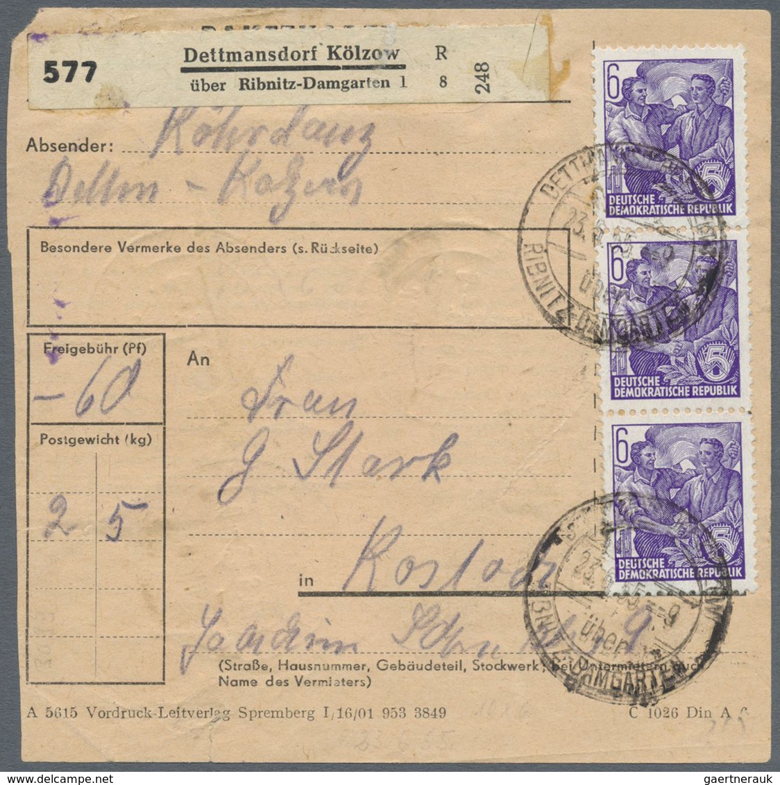 Br DDR: 1953, 6 Pf Blauviolett Fünfjahrplan, 10 Stück Als Portogerechte Massen-MeF Auf Paketkarte Von D - Altri & Non Classificati