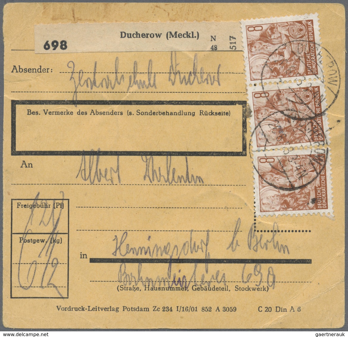 Br DDR: 1953, 8 Pf Dkl'braunorange Fünfjahrplan, 15 Stück Als Massen-MeF Auf Paketkarte Von Ducherow, 2 - Altri & Non Classificati