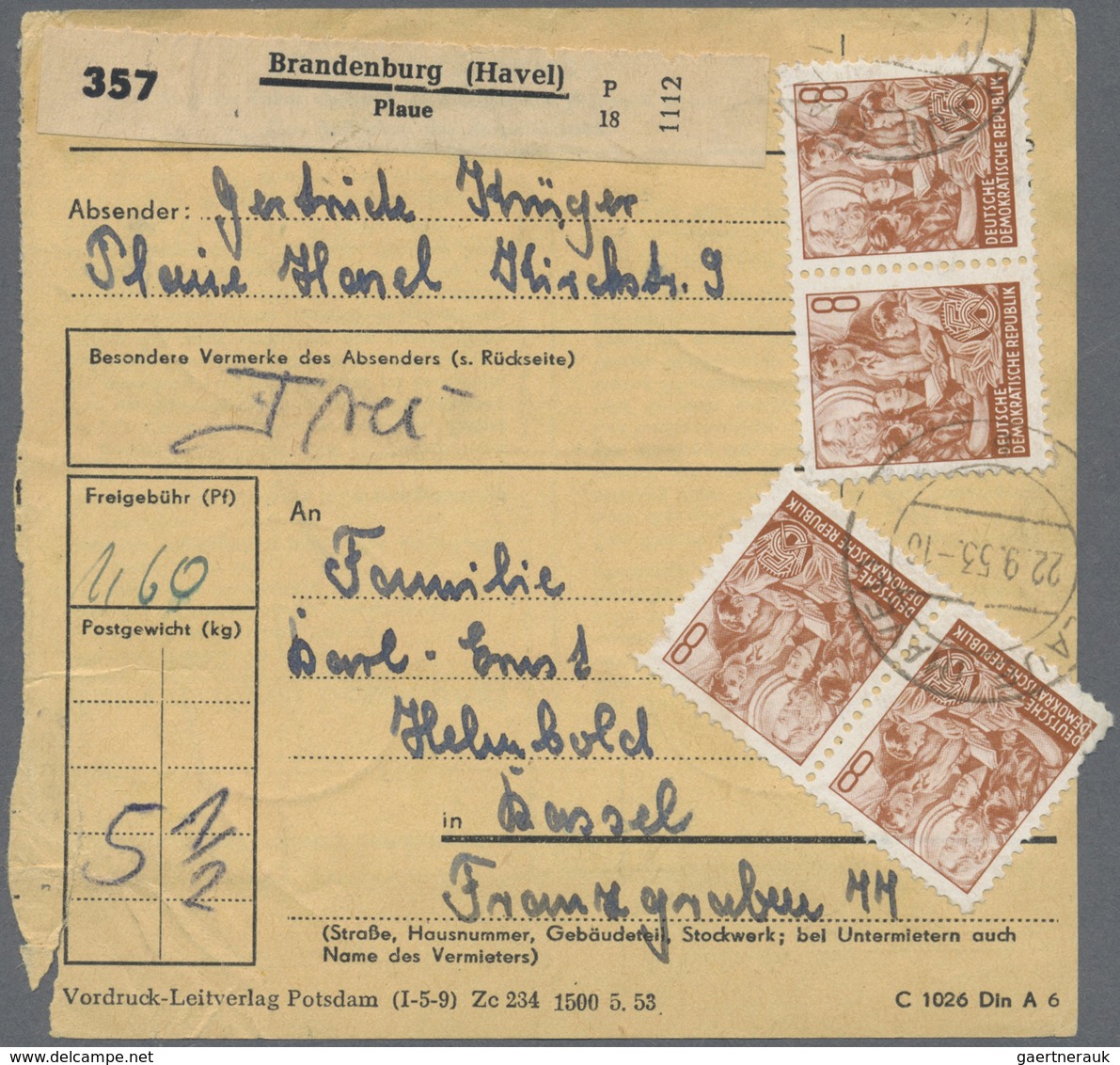 Br DDR: 1953, 8 Pf Dkl'braunorange Fünfjahrplan, 15 Stück Als Massen-MeF Auf Paketkarte Von Ducherow, 2 - Sonstige & Ohne Zuordnung