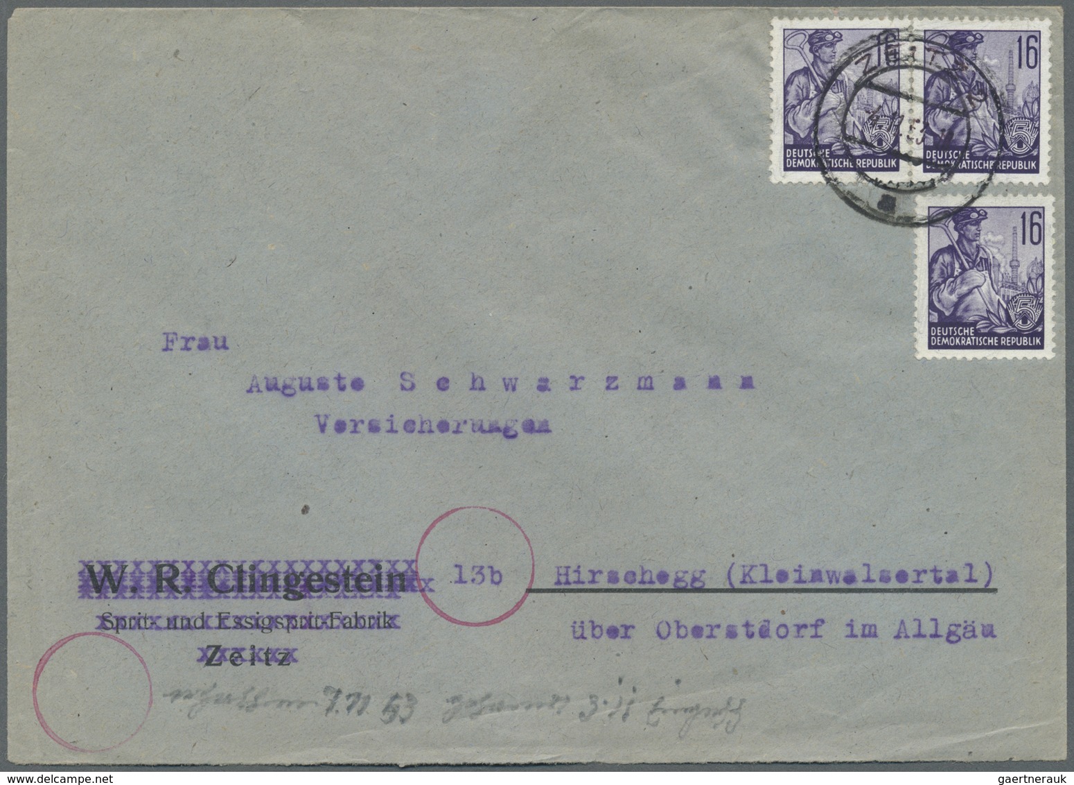 Br DDR: 1953, 3 X 16 Pf Dkl'blauviolett Fünfjahrplan Als MeF Auf Brief Der 2.Gewichtsstufe Von Zeitz, 4 - Altri & Non Classificati