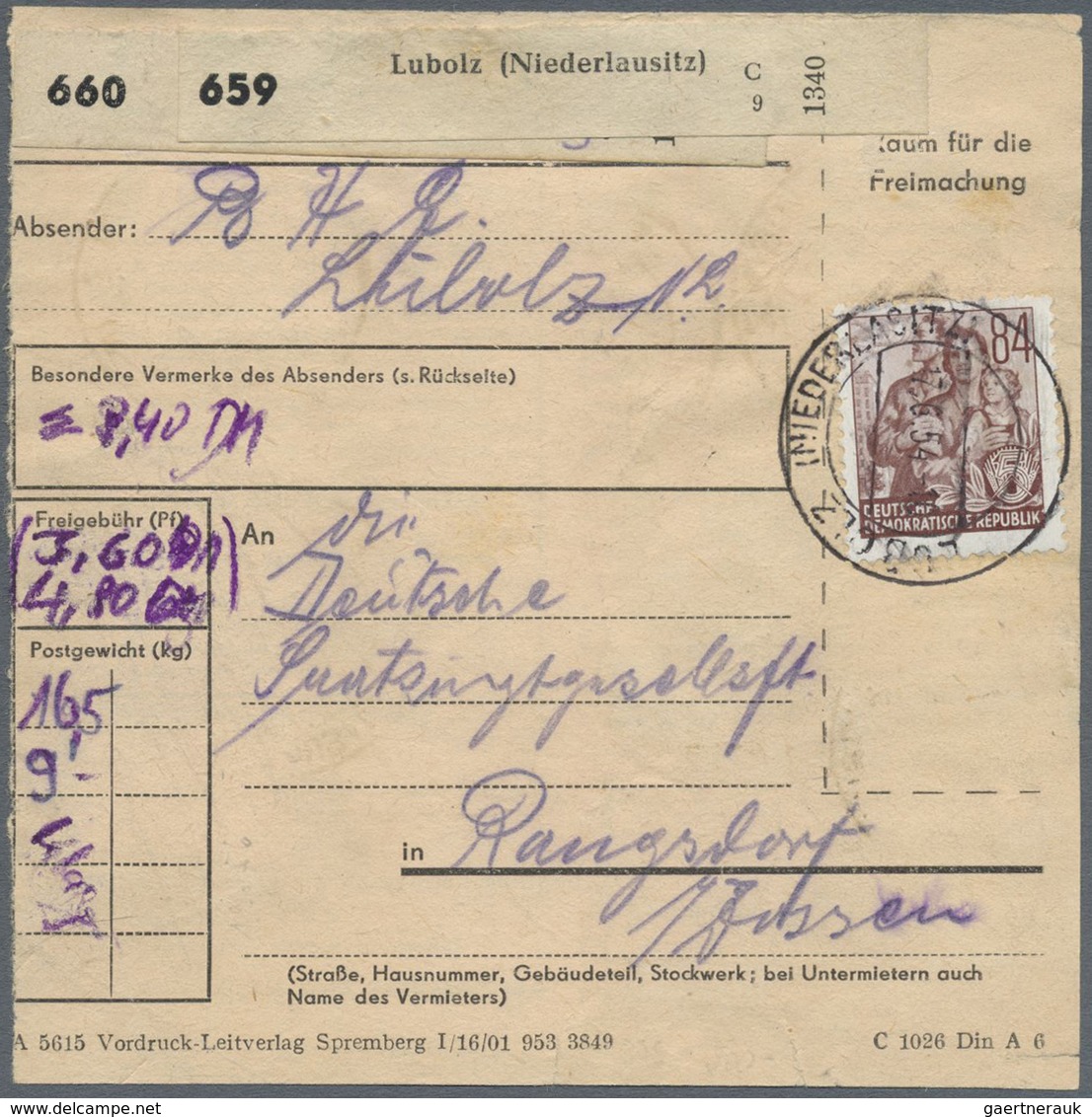 Br DDR: 1953, 84 Pf Dkl'rötlichbraun Fünfjahrplan, 10 Stück Als Portogerechte Massen-MeF Auf Paketkarte - Altri & Non Classificati