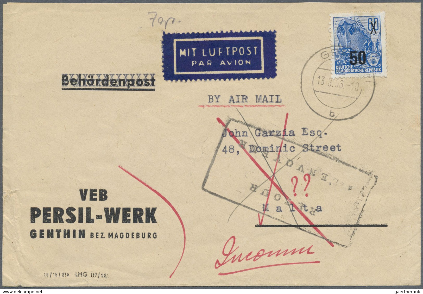 Br DDR: 1954, 50 A. 60 Pf Dkl'kobalt, Portogerechte EF Auf Luftpostbrief Vom VEB Persil-Werk In Genthin - Autres & Non Classés