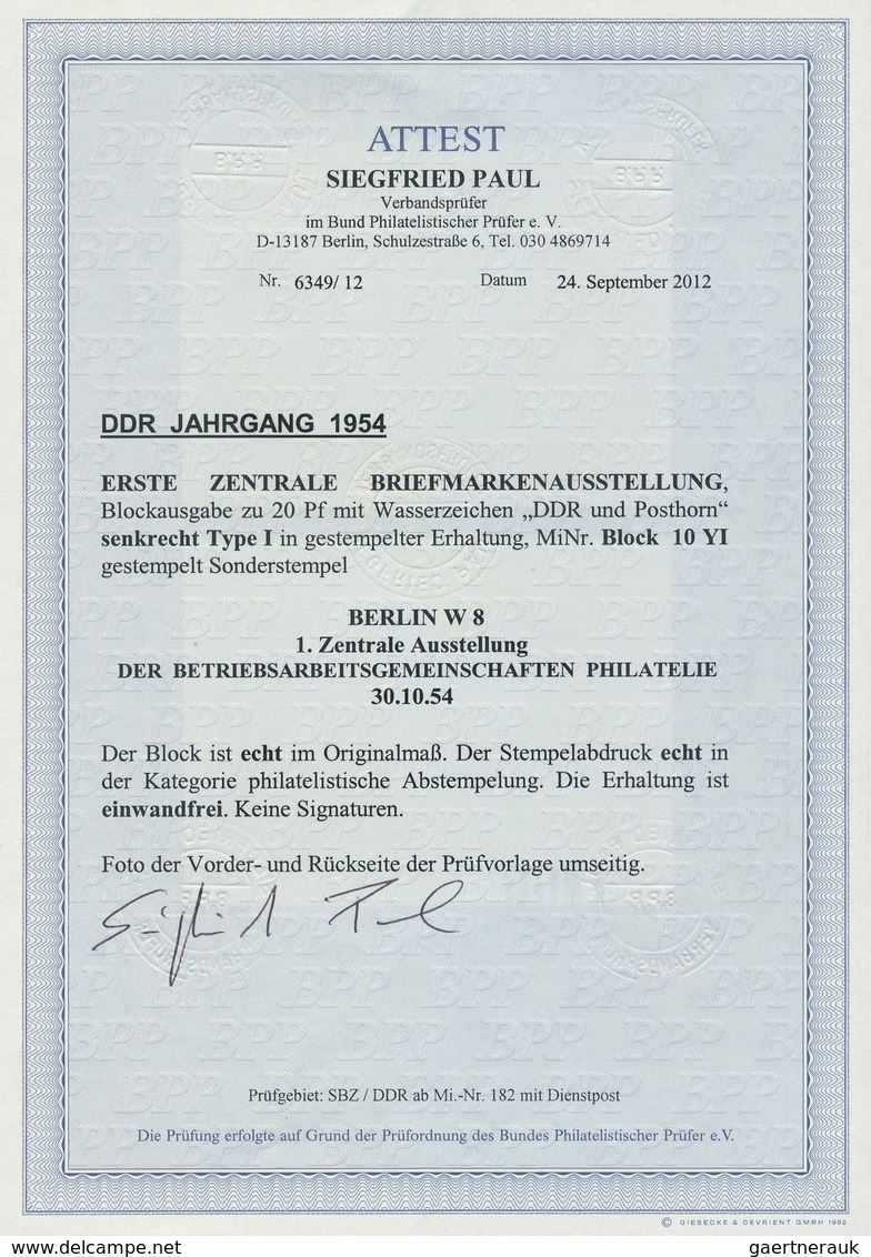 O DDR: 1954, Blockausgabe Zur Briefmarken-Ausstellung Mit Entsprechendem Sonderstempel Und Wasserzeich - Autres & Non Classés