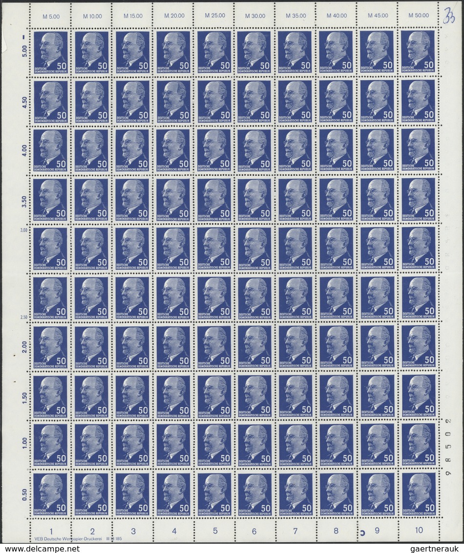 ** DDR: 1963, Ulbricht, 50 Pfg. Blau, 5 Komplette 100er-Bögen Mit Unterschiedl. DZ 'A', 'C' Etc., 4 Bög - Autres & Non Classés