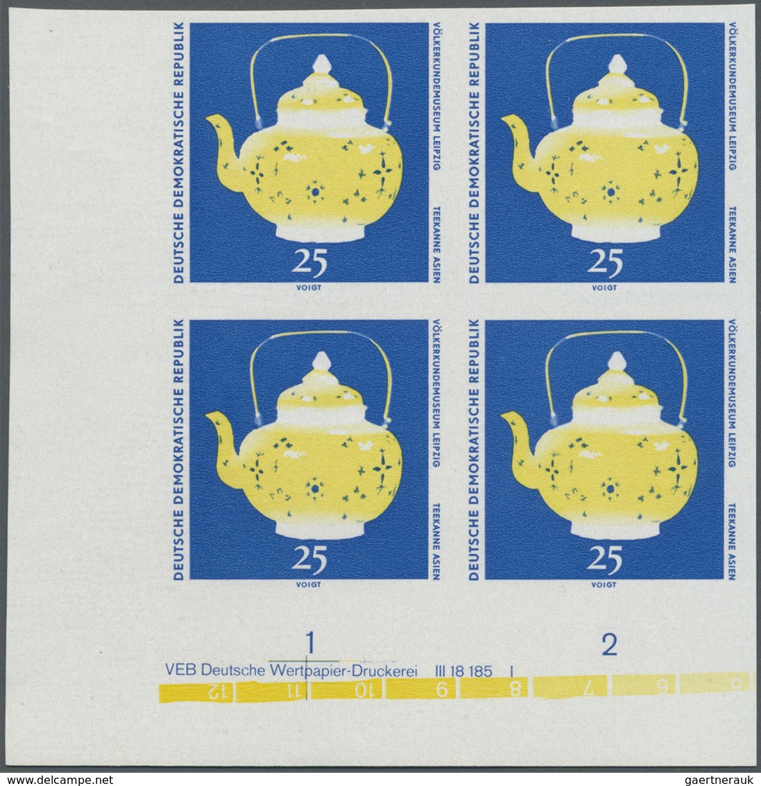 ** DDR: 1971, Museum für Völkerkunde Leipzig 25 Pf. 'kupferne Teekanne aus Thailand (19. Jhdt.)' in 5 v