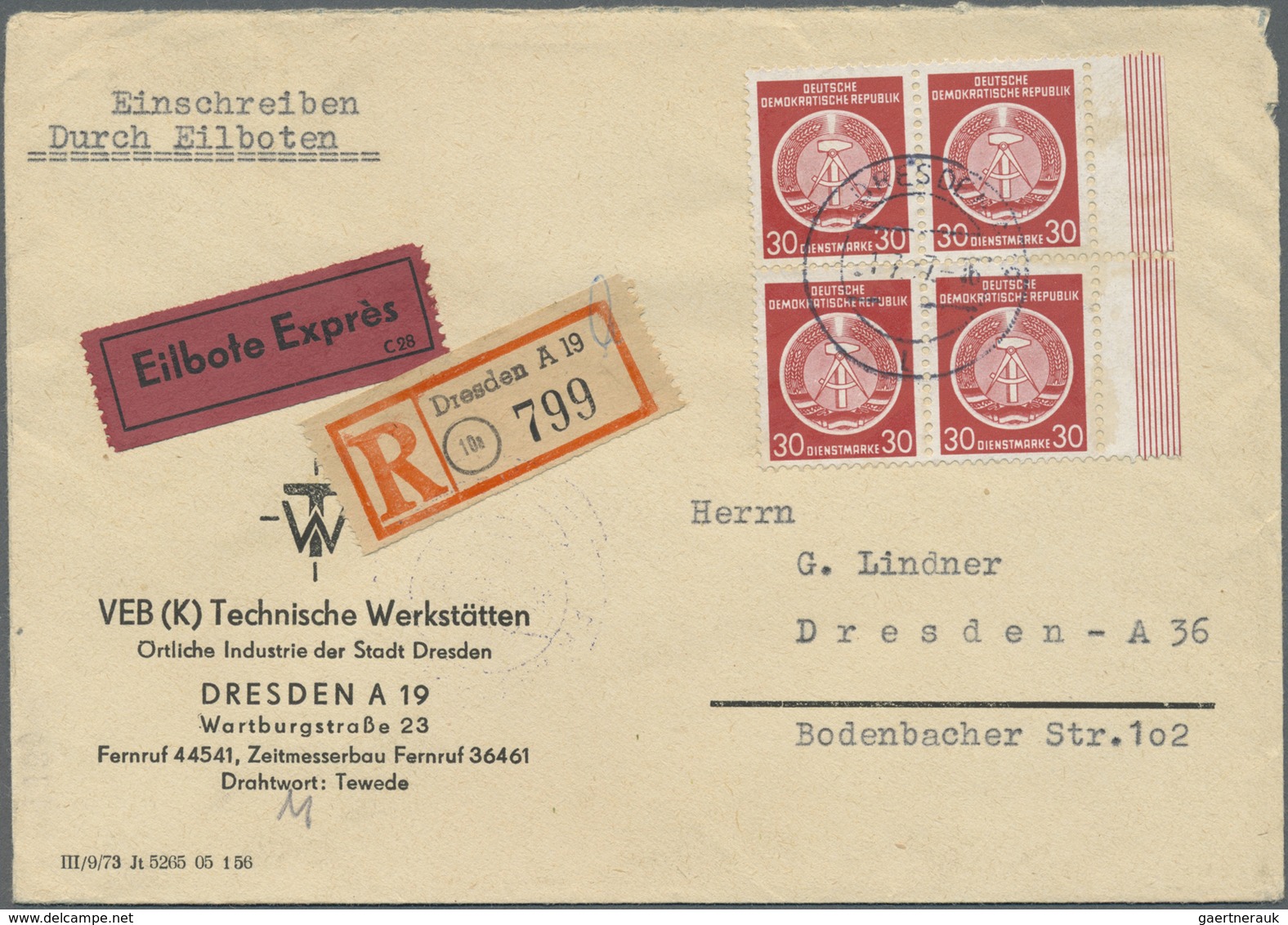 Br DDR - Dienstmarken A (Verwaltungspost B): 1954, 30 Pf Bräunlichrot, 4er-Block Von Re. Bogenrand Als - Autres & Non Classés