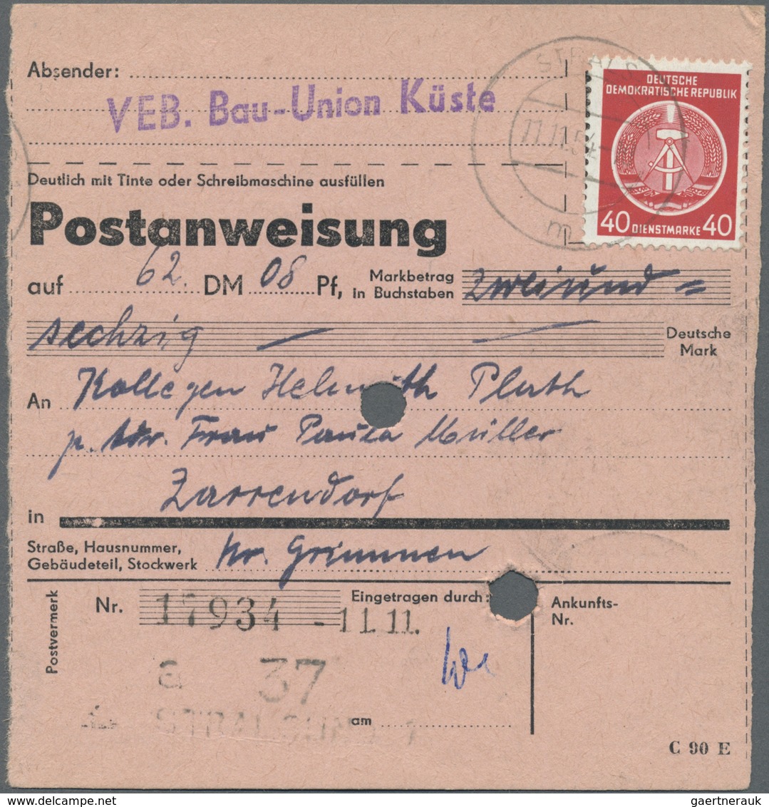 Br DDR - Dienstmarken A (Verwaltungspost B): 1954, 40 Pf Dkl'rosarot, EF Auf Postanweisung über 62,08 M - Sonstige & Ohne Zuordnung