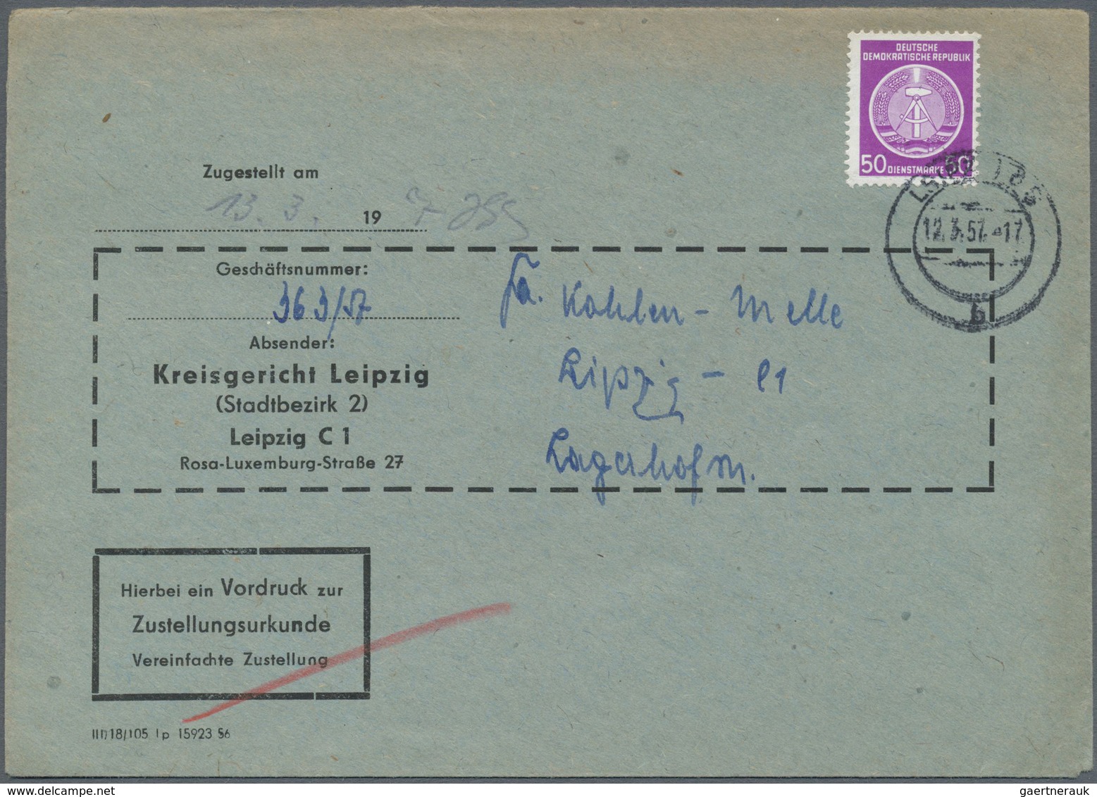 Br DDR - Dienstmarken A (Verwaltungspost B): 1954, 50 Pf Violettpurpur, Portogerechte Einzelfrankatur, - Sonstige & Ohne Zuordnung