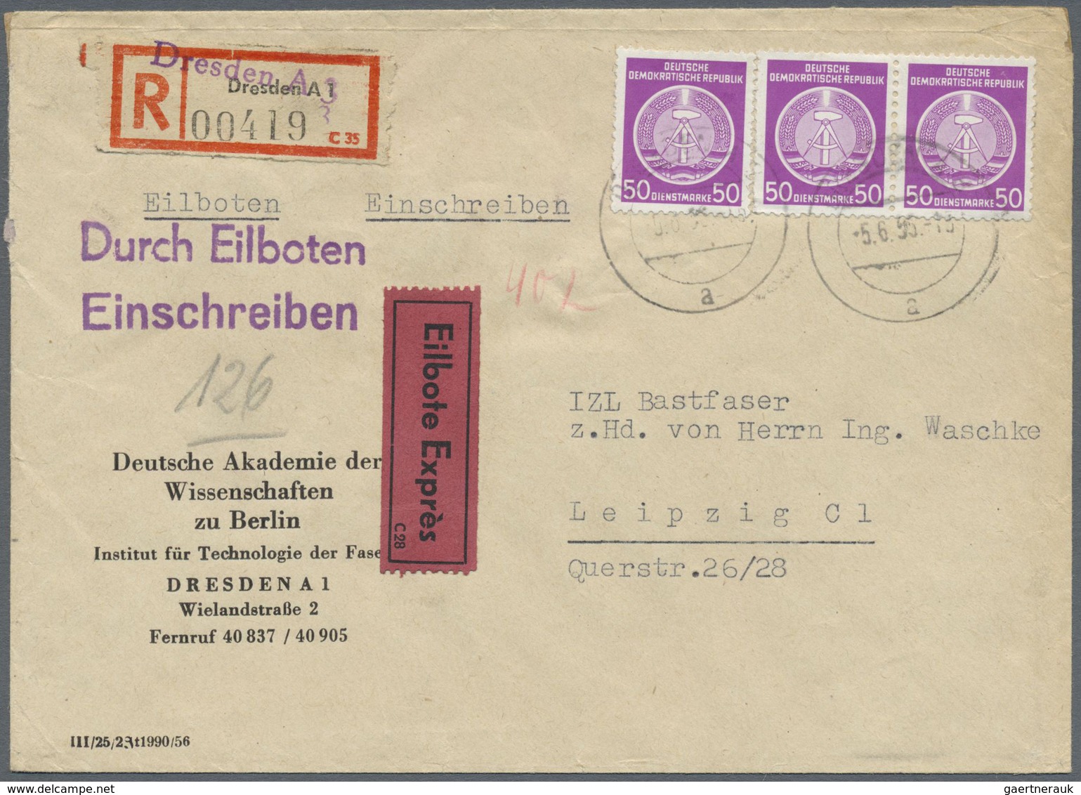 DDR - Dienstmarken A (Verwaltungspost B): 1954, 50 Pf Violettpurpur, Je 3 Stück Als Portogerechte Me - Altri & Non Classificati