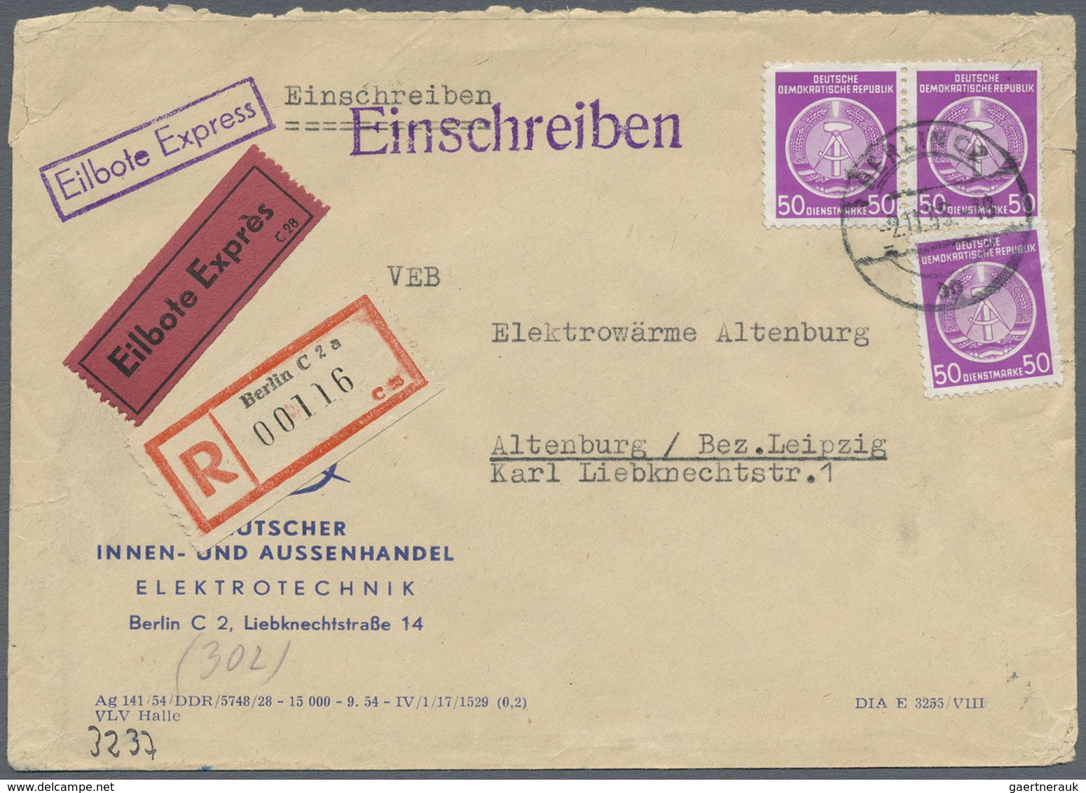 DDR - Dienstmarken A (Verwaltungspost B): 1954, 50 Pf Violettpurpur, Je 3 Stück Als Portogerechte Me - Altri & Non Classificati