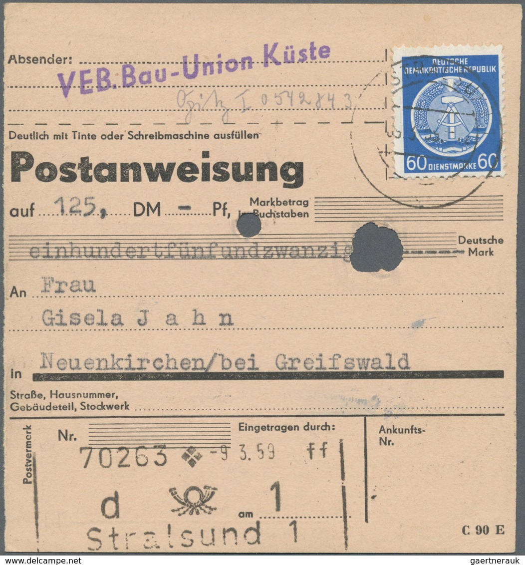 Br DDR - Dienstmarken A (Verwaltungspost B): 1954, 60 Pf Ultramarin, EF Auf Postanweisung über 125 Mark - Autres & Non Classés