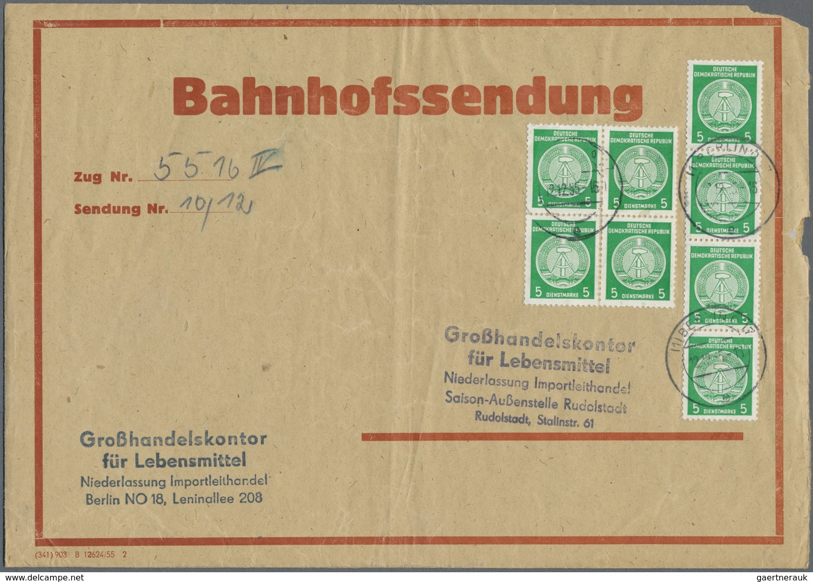 Br DDR - Dienstmarken A (Verwaltungspost B): 1954, 5 Pf Smaragdgrün, 8 Stück Als Portogerechte MeF Auf - Altri & Non Classificati