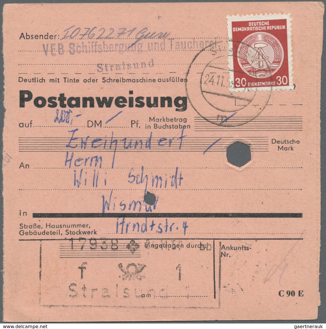 Br DDR - Dienstmarken A (Verwaltungspost B): 1954, 2 X 30 Pf Bräunlichrot, MeF Auf Postanweisung über 2 - Altri & Non Classificati