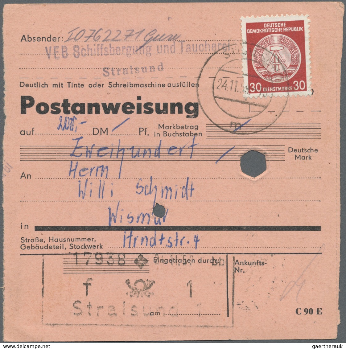 Br DDR - Dienstmarken A (Verwaltungspost B): 1954, 2 X 30 Pf Bräunlichrot, MeF Auf Postanweisung über 2 - Autres & Non Classés